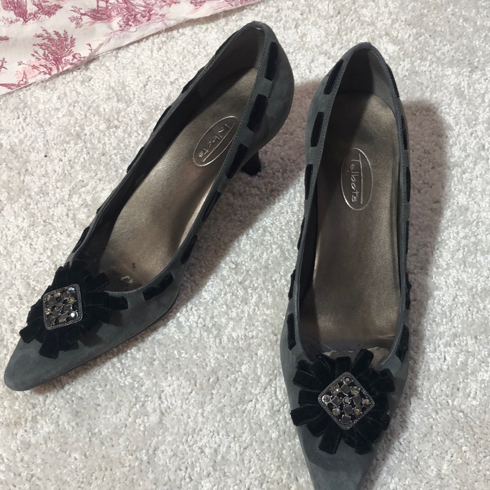 Gray suede pumps